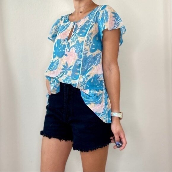 Modcloth Blue Floral Ruffle Blouse Size Small - Picture 2 of 9